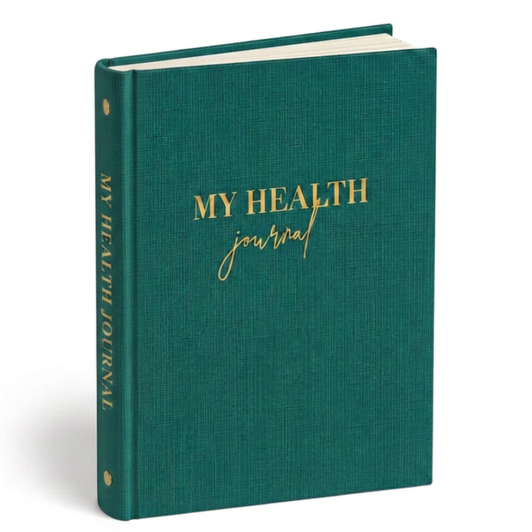 My Health Journal olive linen binder edition with gold lettering, standing upright on a white background