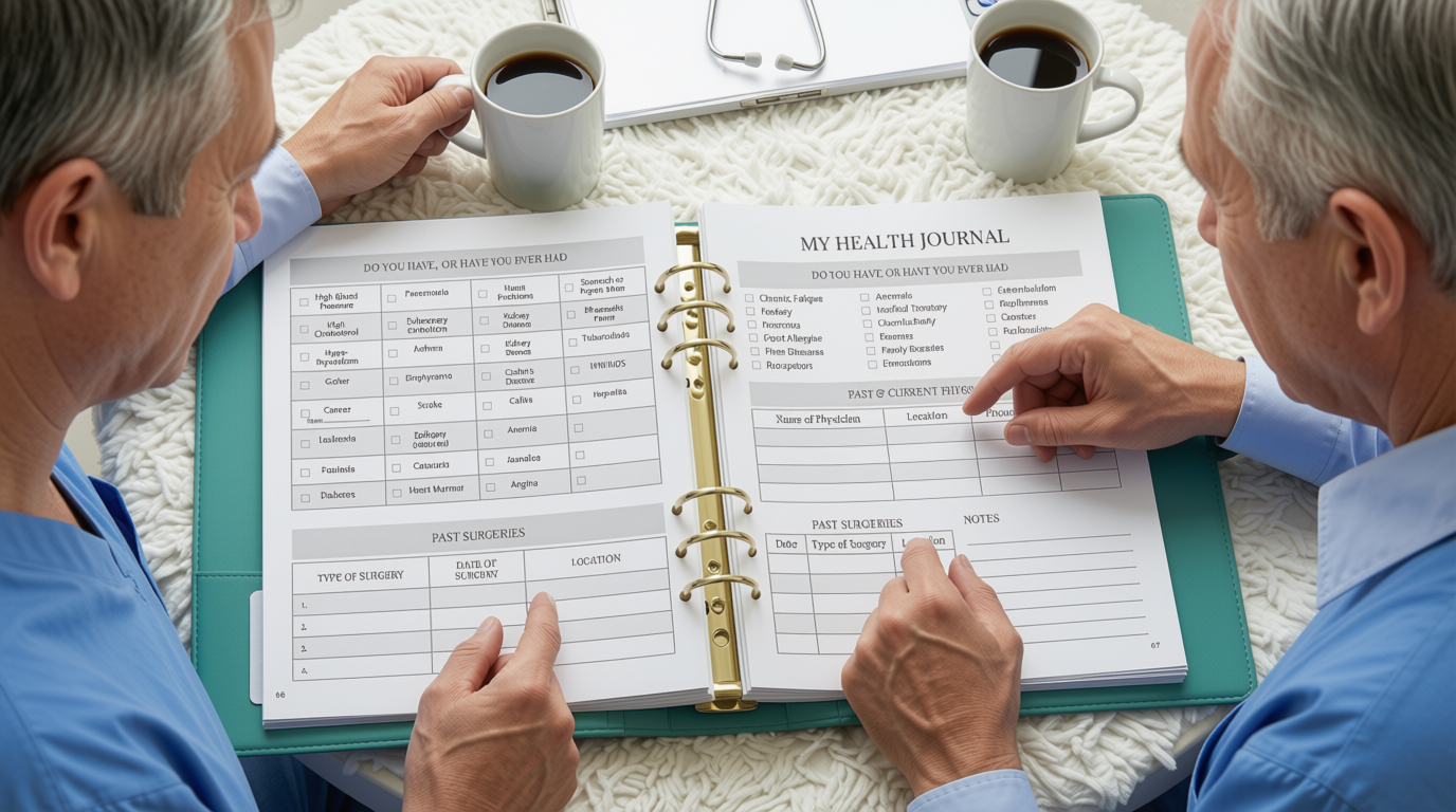Older couple reviewing My Health Journal together to organize medical information, track appointments, and prepare for healthcare decisions at home.