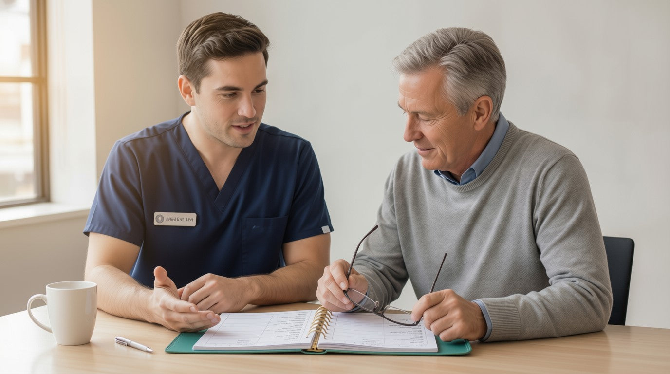 Healthcare provider reviewing My Health Journal with an older patient to discuss medical history, medications, and healthcare planning.