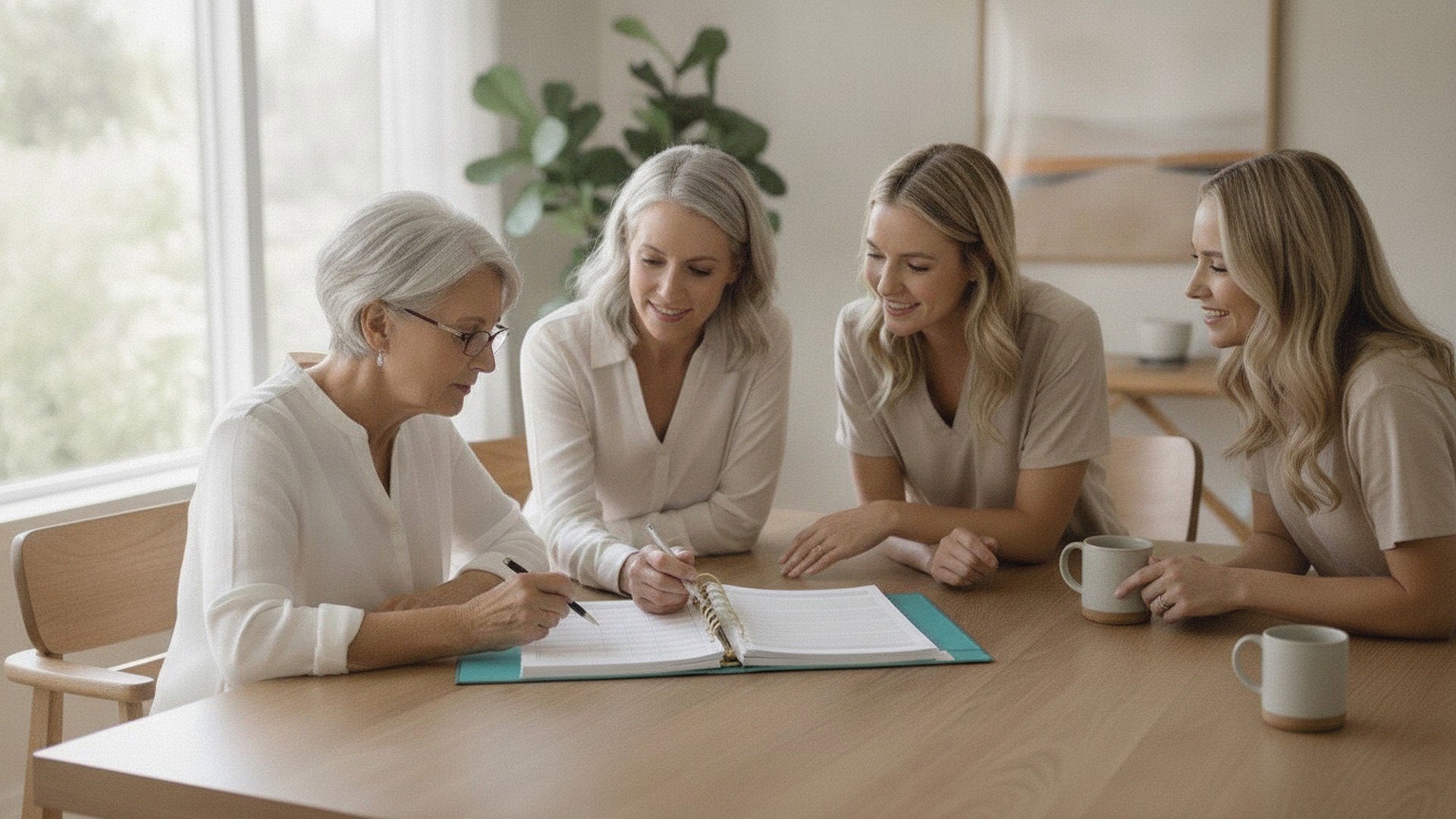 A group of four women gathered around a table reviewing a My Health Journal in a bright modern room