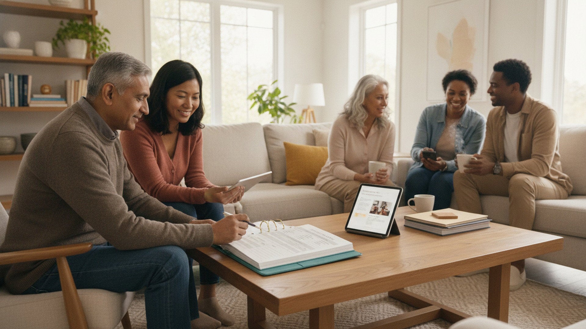 Family members meeting together to discuss healthcare decisions, caregiving responsibilities, and important health information for an older loved one.