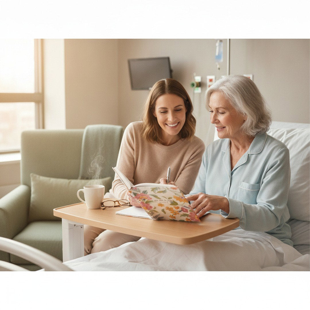  A woman in a beige sweater and an older patient reviewing a floral linen My Health Journal together in a softly lit hospital room

