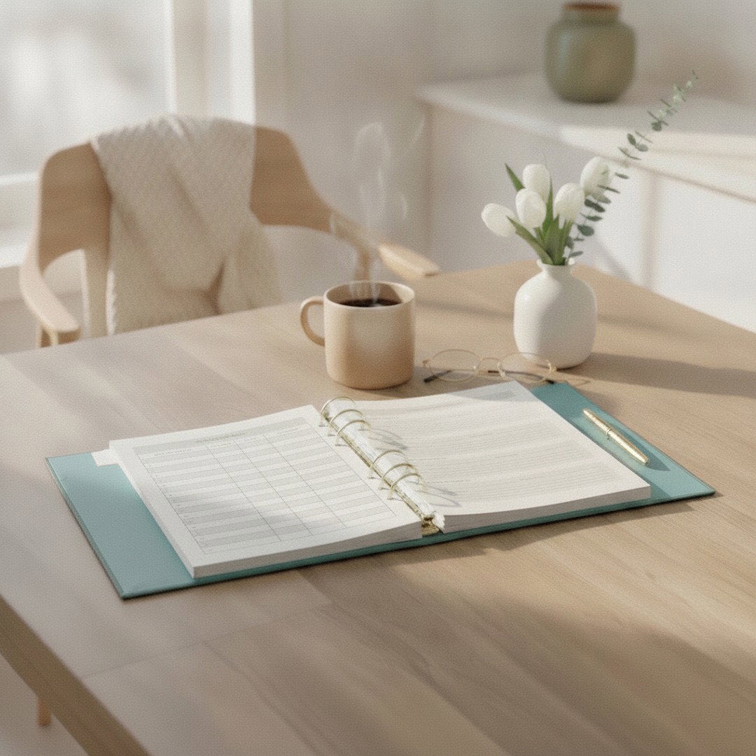 My Health Journal open on a light wood table in a bright softly lit room, styled with a beige mug and white tulips.