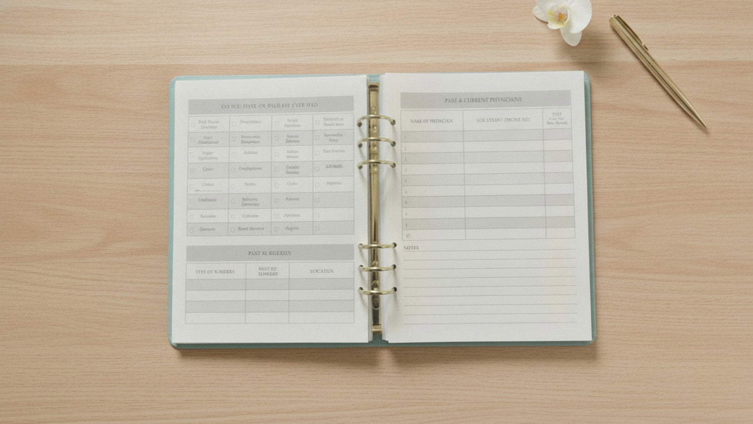 Open My Health Journal six ring binder displaying medical history pages and healthcare provider contact information on a light wood desk with a gold pen and white orchid.