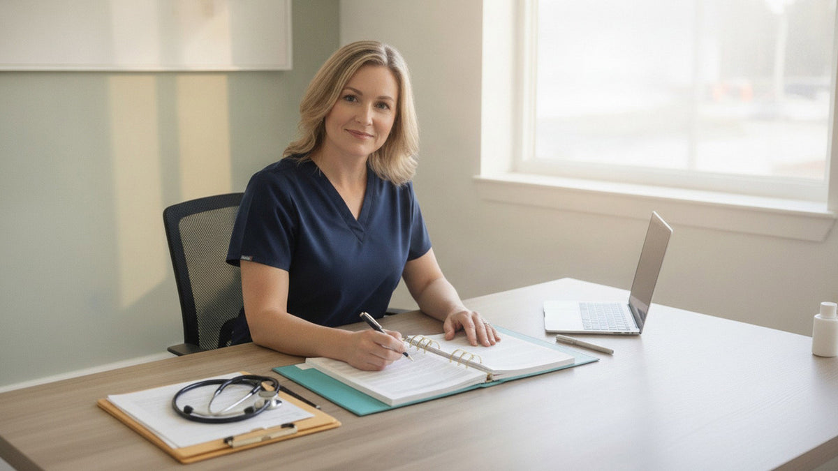 A nurse in navy scrubs writing in an olive linen My Health Journal at a bright office desk with a stethoscope and laptop nearby

