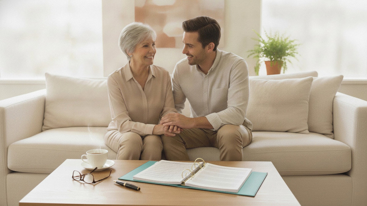 An older couple sitting together on a sofa in a bright living room, with an open olive linen My Health Journal on the coffee table in front of them