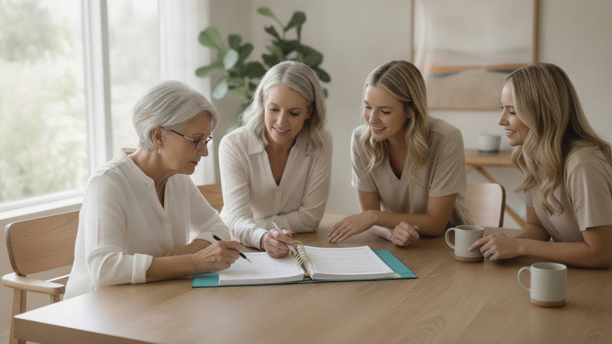 Four women gathered around a wooden table in a bright, modern room, reviewing a document in a notebook. One woman is writing, while the others observe and smile.