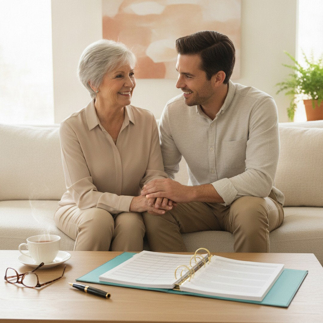 A man and an older woman sit together on a light beige couch in a bright living room, holding hands. In the foreground, a wooden table holds an open teal binder, a pen, eyeglasses, and a white cup of coffee.